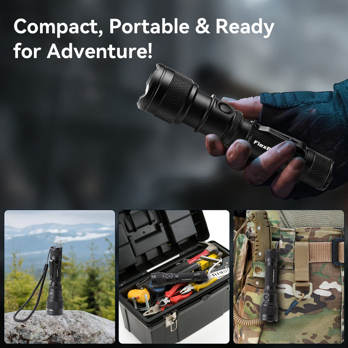FlexBeam 1200LM Thread-Zoom Hunting Flashlight | 700M Range | Stable on Guns & Bikes
